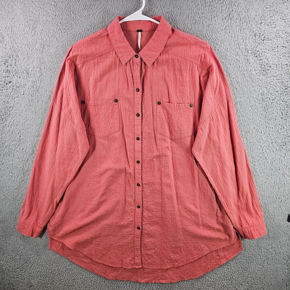Free People Womens Oversized Button Down Shirt Coral Textured Cotton Small
